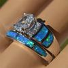 New Trendy Bridal Sets Women Ring Four Prong Setting Cubic Zirconia Blue Imitation Opal Wedding Engagement Party Jewelry