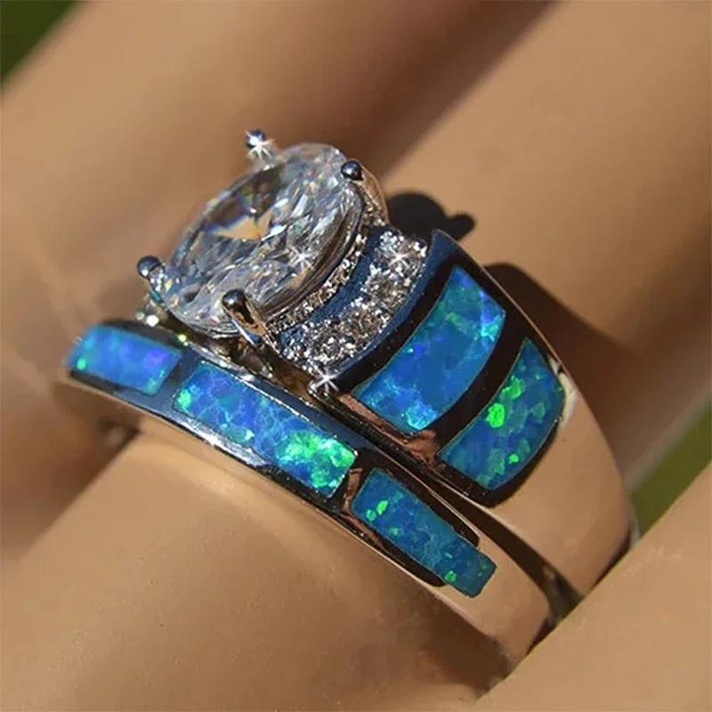 New Trendy Bridal Sets Women Ring Four Prong Setting Cubic Zirconia Blue Imitation Opal Wedding Engagement Party Jewelry