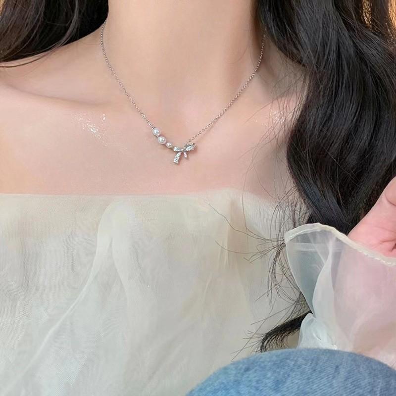 iF ME Butterfly Knot Artificial Pearl Necklace for Woman Silver Chain Pendant Necklaces Accessories Jewelry