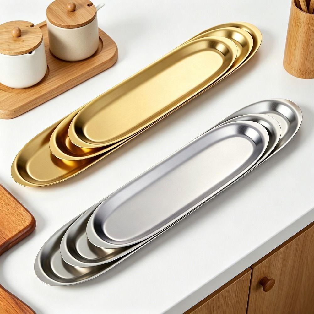Stainless Steel Sushi Plate Long Plate Beef Ball Plate Easy Clean Picnic BBQ Plate  Kitchen Use