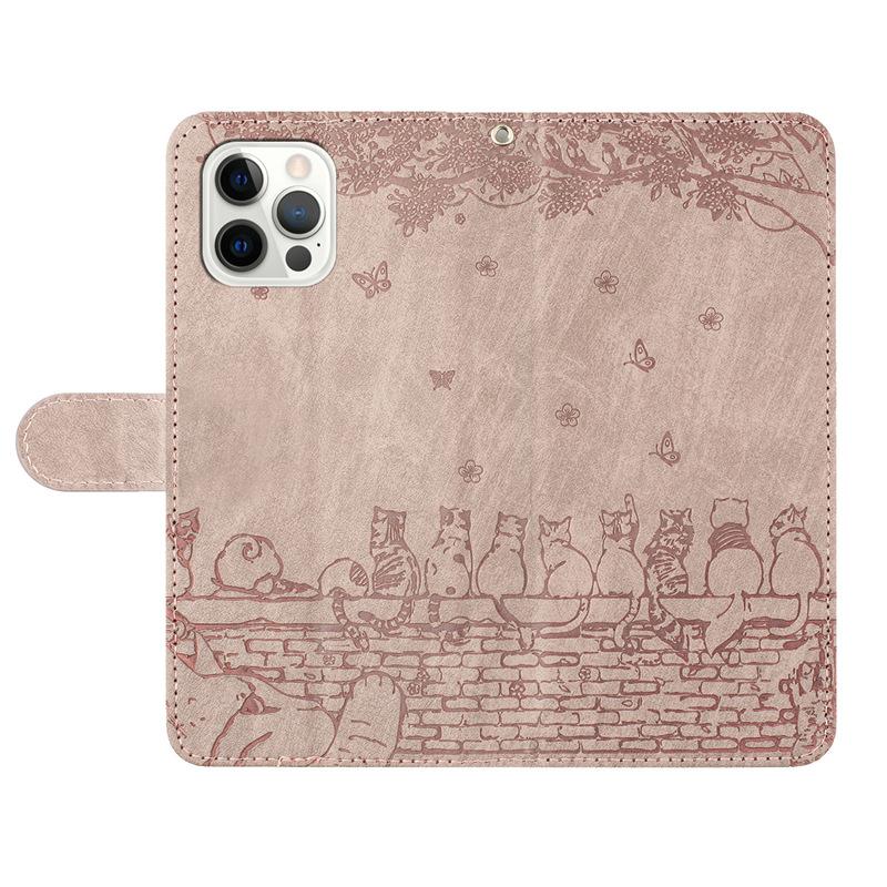 Suitable for iPhone 15 14 13 Phone Case, 15plus Solid Color Embossed Cat Card Slot Wallet Protective Case