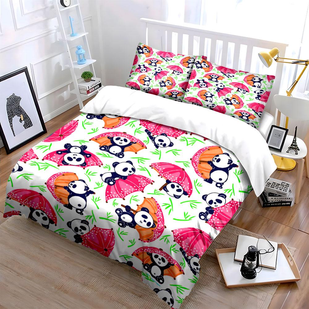 Cute Panda with Colorful Umbrellas Bedding Duvet Cover Set Duvet Cover Pillowcases (1*Duvet Cover 2*Pillowcases, without duvet insert)