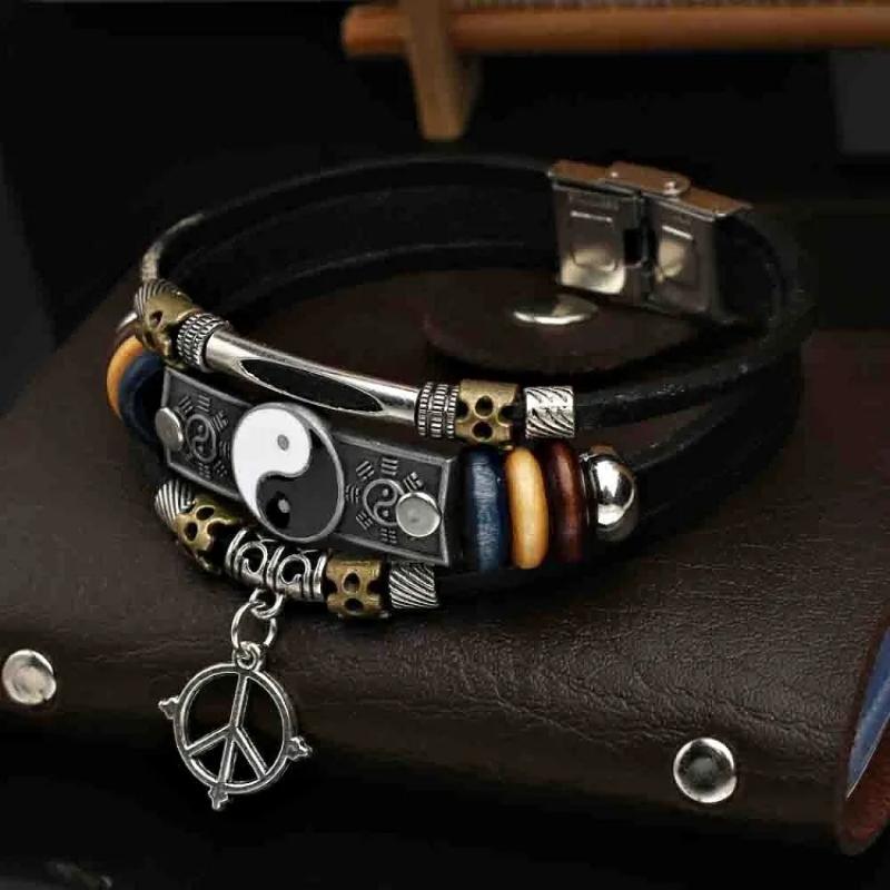 Tai Chi Bagua Retro Leather Bracelet Multi-layer Beaded Bracelet for Men