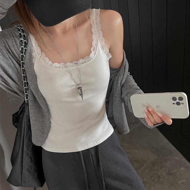 Pure lace base with small suspender vest inside, women's spring and summer slim-fit threaded outer sleeveless Spice Girl top