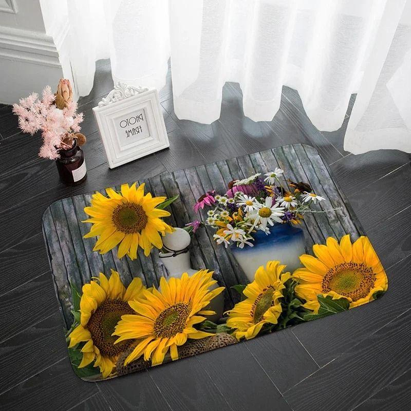 Sunflower Series Door Mat Non Slip Bathroom Kitchen Rugs for Home Living Room Decoration Flower Printed Washable Entrance Carpet