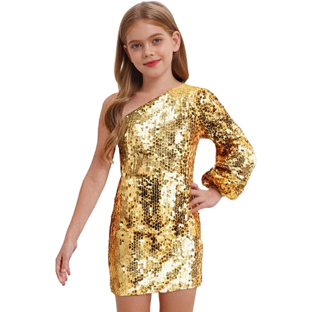 Vestido de Lentejuelas Brillantes para Niñas de un Hombro Manga Larga Largo por Encima de la Rodilla Vestido de Fiesta de Cumpleaños Concurso Boda