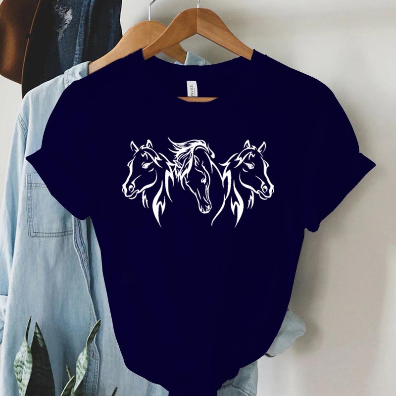 Harajuku Mode T-Shirt Druck Weiß Schwarz Pferd Grafik Damen T-Shirt Kurzarm Weiblich Sommer Pferd Lässig Locker T-Shirt