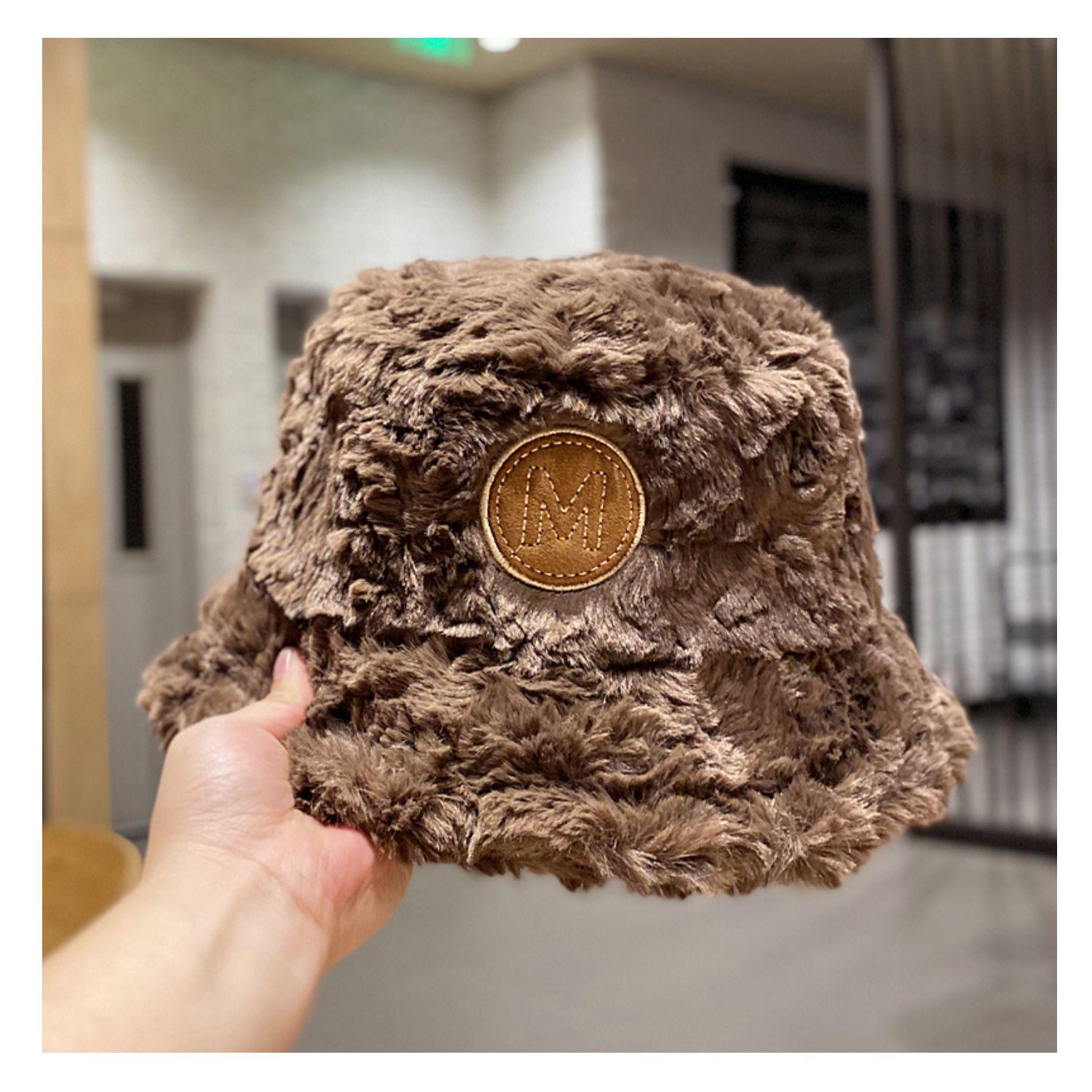 

Утолщенная плюшевая панама женская осенне-зимняя универсальная, подчеркивающая маленькое лицо, из искусственного меха, теплая шляпа-ведро Adult (56-58cm) темно-коричневого