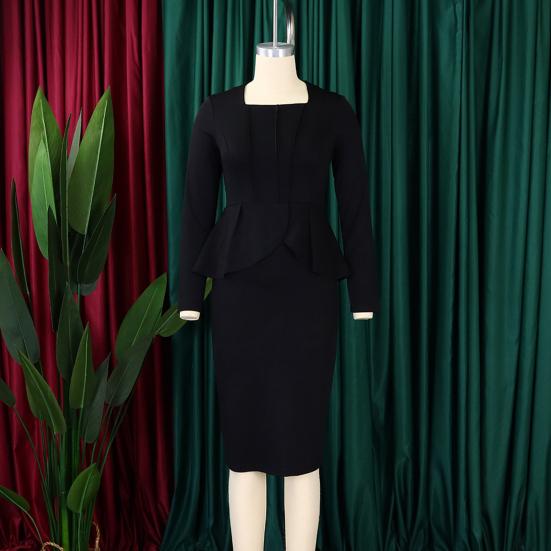 Long Sleeve Elegent Lady Formal Bodycon Dress Decor O-Neck Knee-Length Women Ruffles Patchwork Workwear