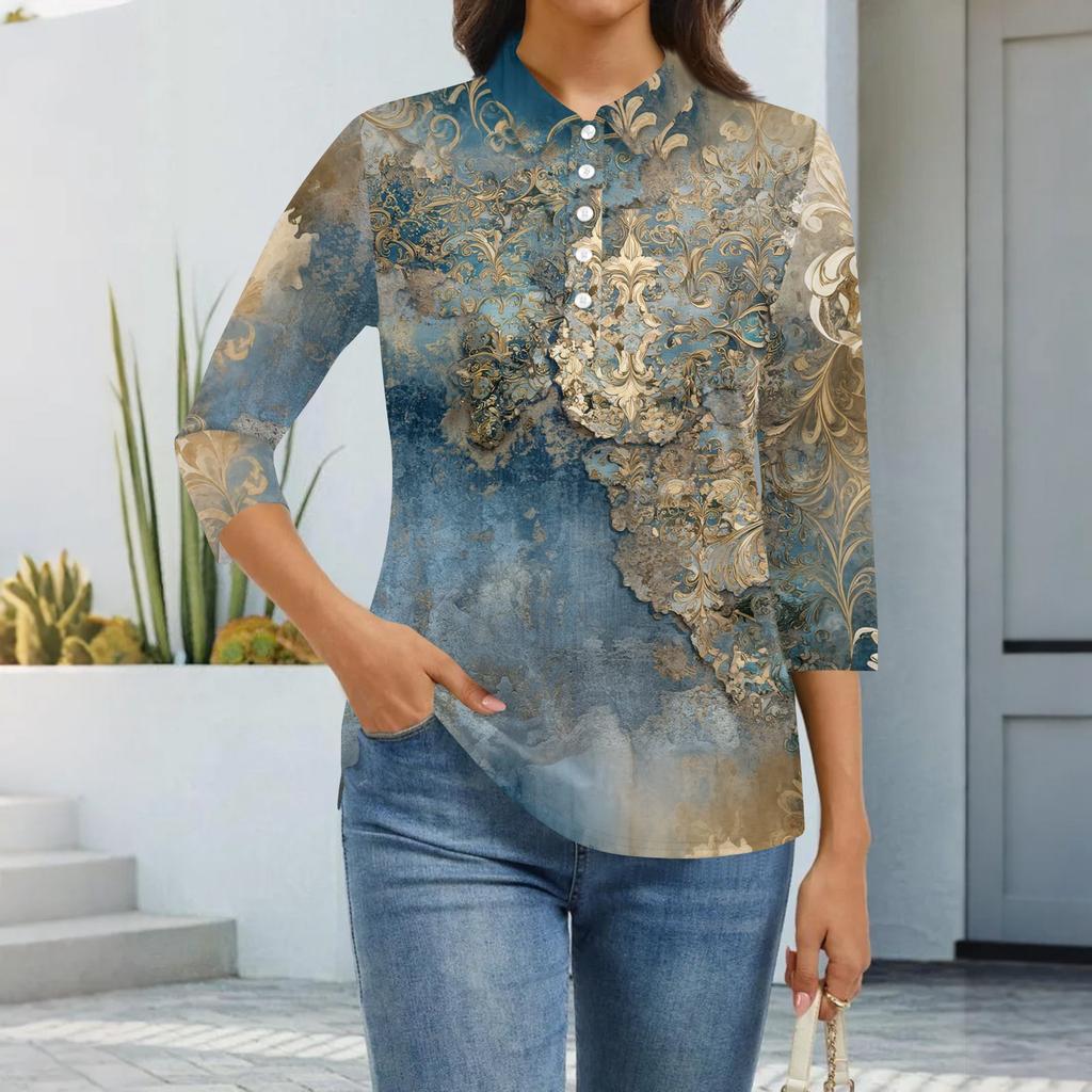 Dámská móda Ležérní klopa Krátký 3/4 rukáv Potisk Košile Dámské zapínací topy