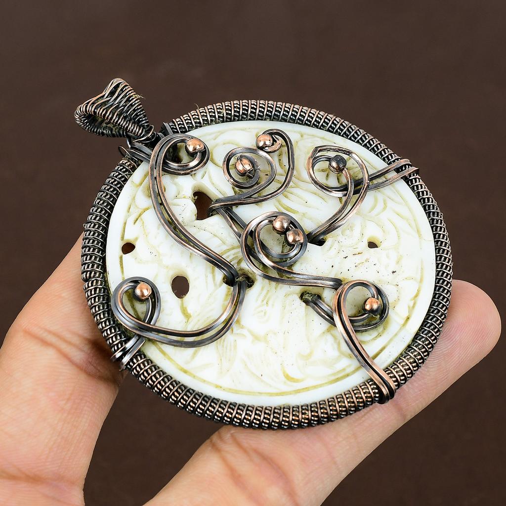 Natural Carved Mother Of Pearl Handmade Copper Wire Wrap Pendant 3.15" P2j10