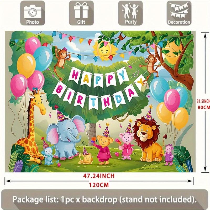 Party-Hintergrund Dschungel-Safari Cartoon-Tiere Ballons Text Festlicher Fotoautomaten-Hintergrund Geburtstagsfeier Dekoration