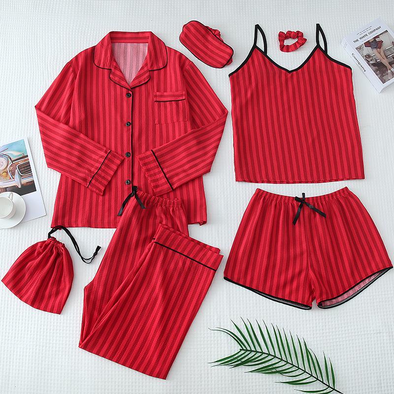 Parent-Child Matching Cotton Pajamas Set - Women's Tank Top & Shorts with Children's 7-Piece Homewear.