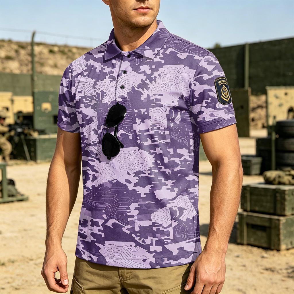 Men's Tactical Polo Shirt Loose Fit Breathable Outdoor Quick Dry Short Sleeve Camouflage Print with Velcro Patch Area
