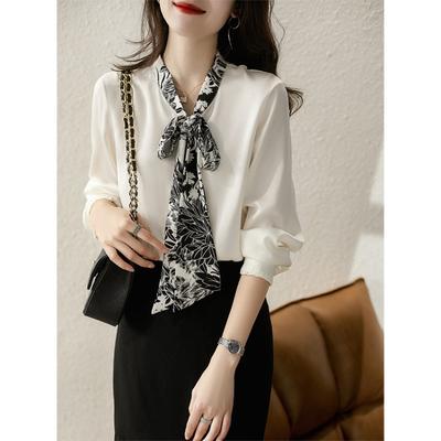 New Autumn Printed Laces Imitation Mulberry Silk Shirt for Women with Niche Design and Mature Hong Kong Style