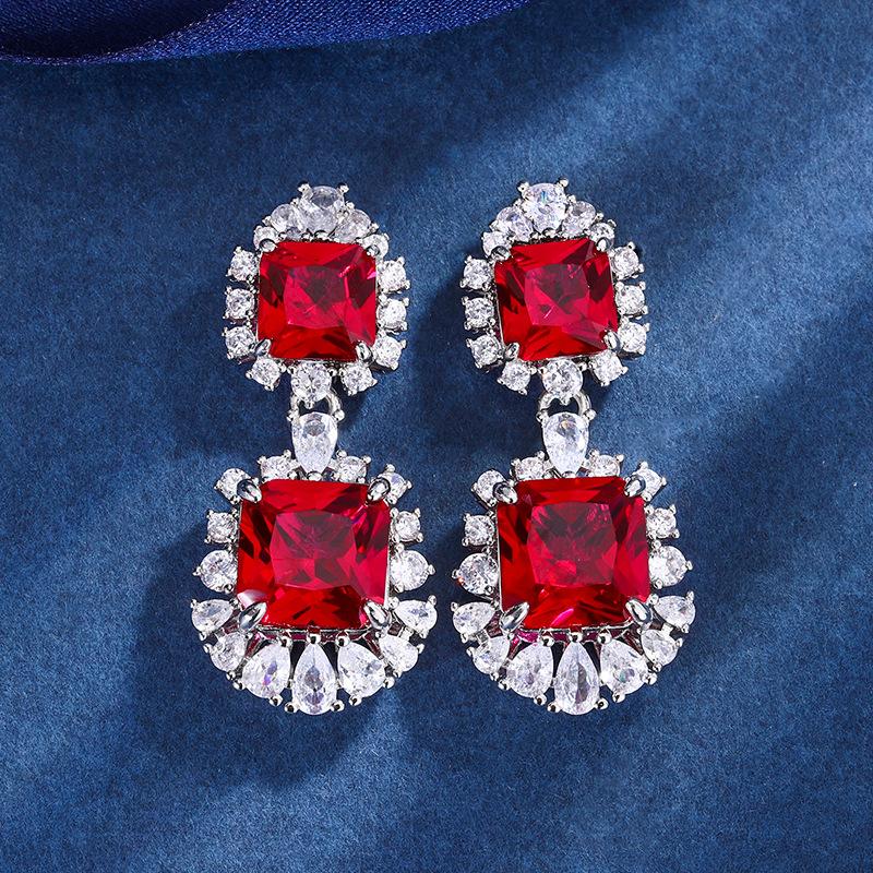 Jewelry Copper Bottom Gold-Plated Simulation Red Corundum Retro High-End Square Suit Women 12 * 16