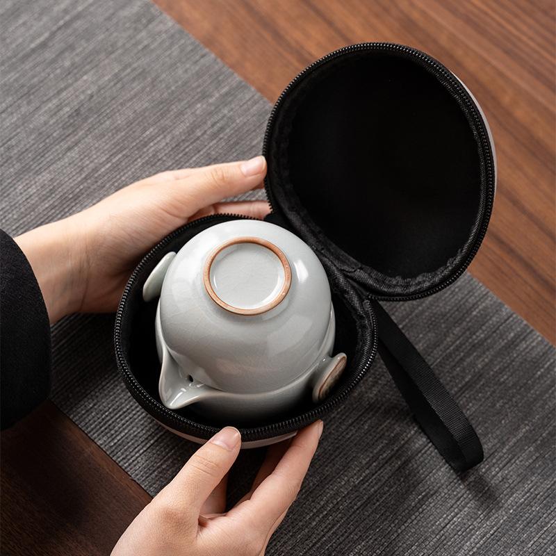 Ru kiln travel tea set, high-end one pot and two cups, open film can be raised, light luxury business holiday commemorative gifts
