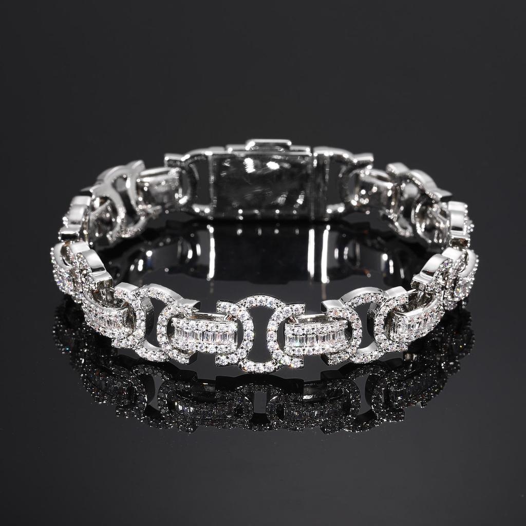 European-American Hip Hop 13mm Diamond Zirconia Bow Square Chain Necklace & Bracelet Set
