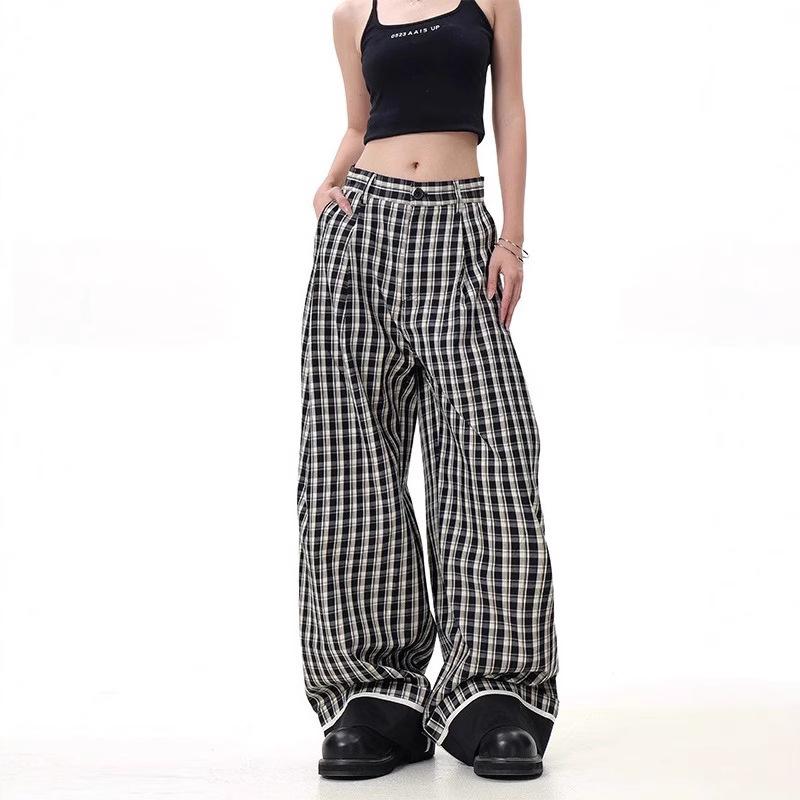 Retro British Style Plaid Striped High-Waist Wide-Leg Trousers