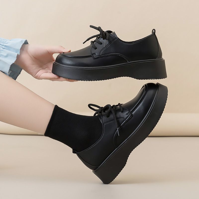 Genuine leather British style small leather shoes 2025 new black versatile work single shoes lace-up platform loafers