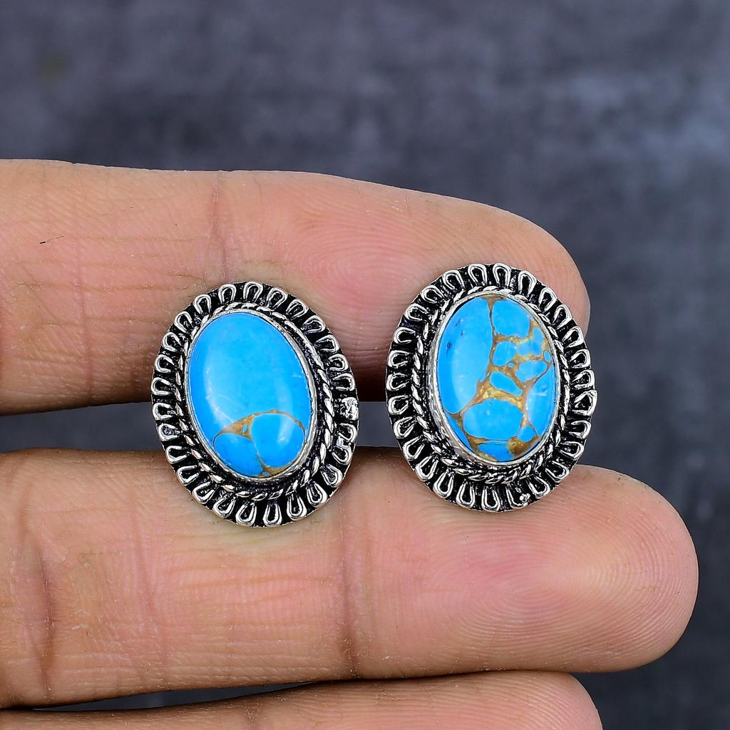 Copper Blue Turquoise Gemstone Handmade 925 Sterling Silver Cufflinks T3z45