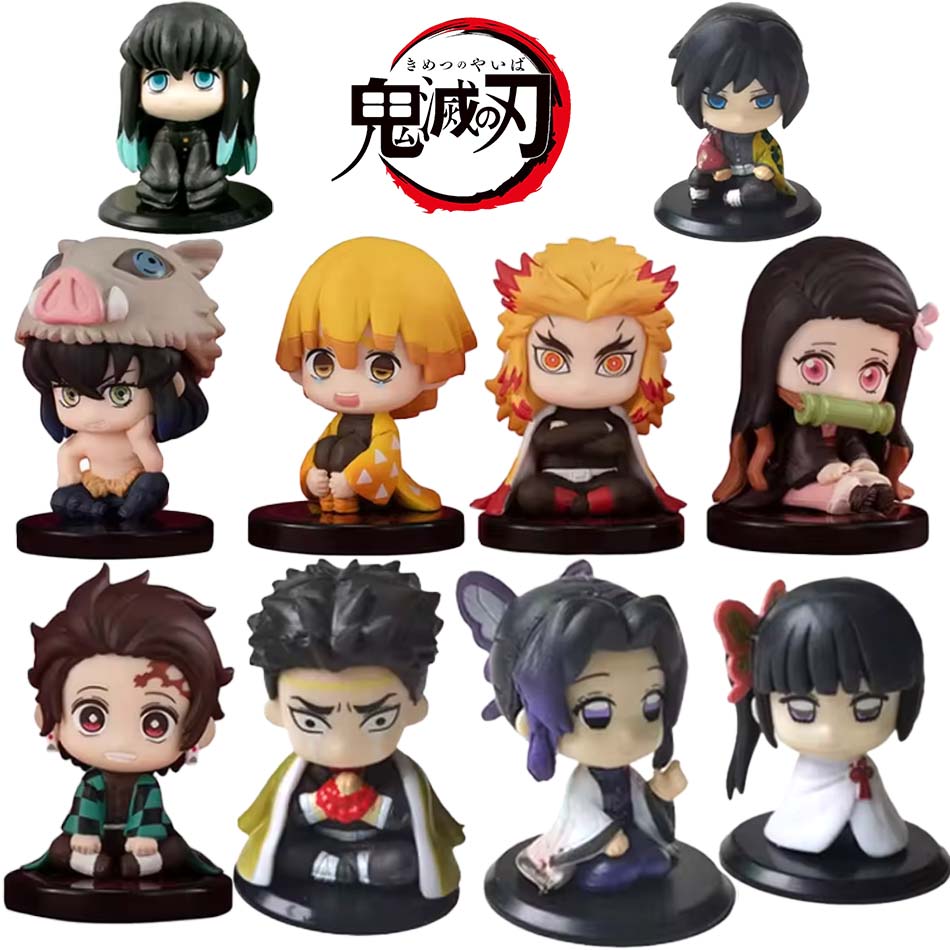 9Pcs/Set Demon Slayer Q Version Sitting Figure Toy Anime Kimetsu no Yaiba Tanjiro Nidouzi Inosuke Zenizu PVD Figurine Model Doll
