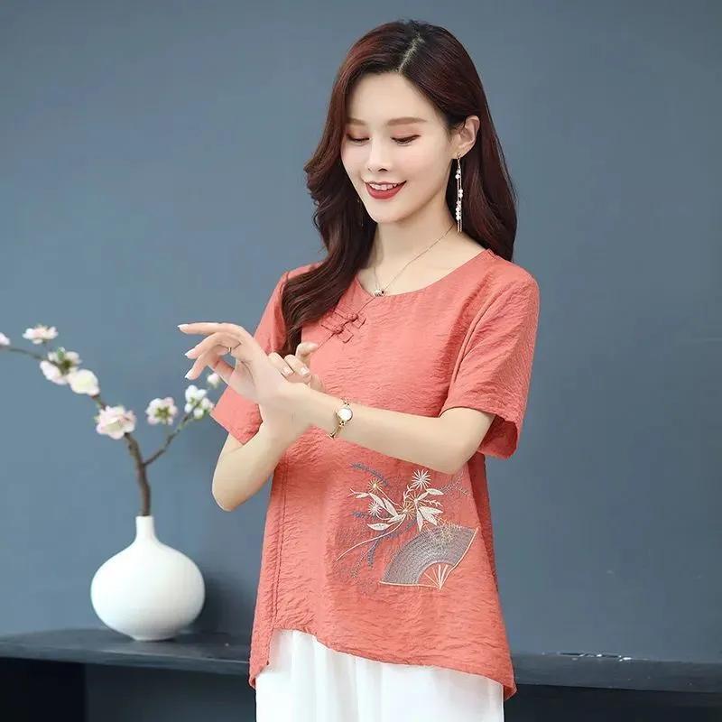 Ladies Summer Embroidery Cotton Linen Short Sleeve T-Shirt Chinese Vintage Loose and Comfortable Top