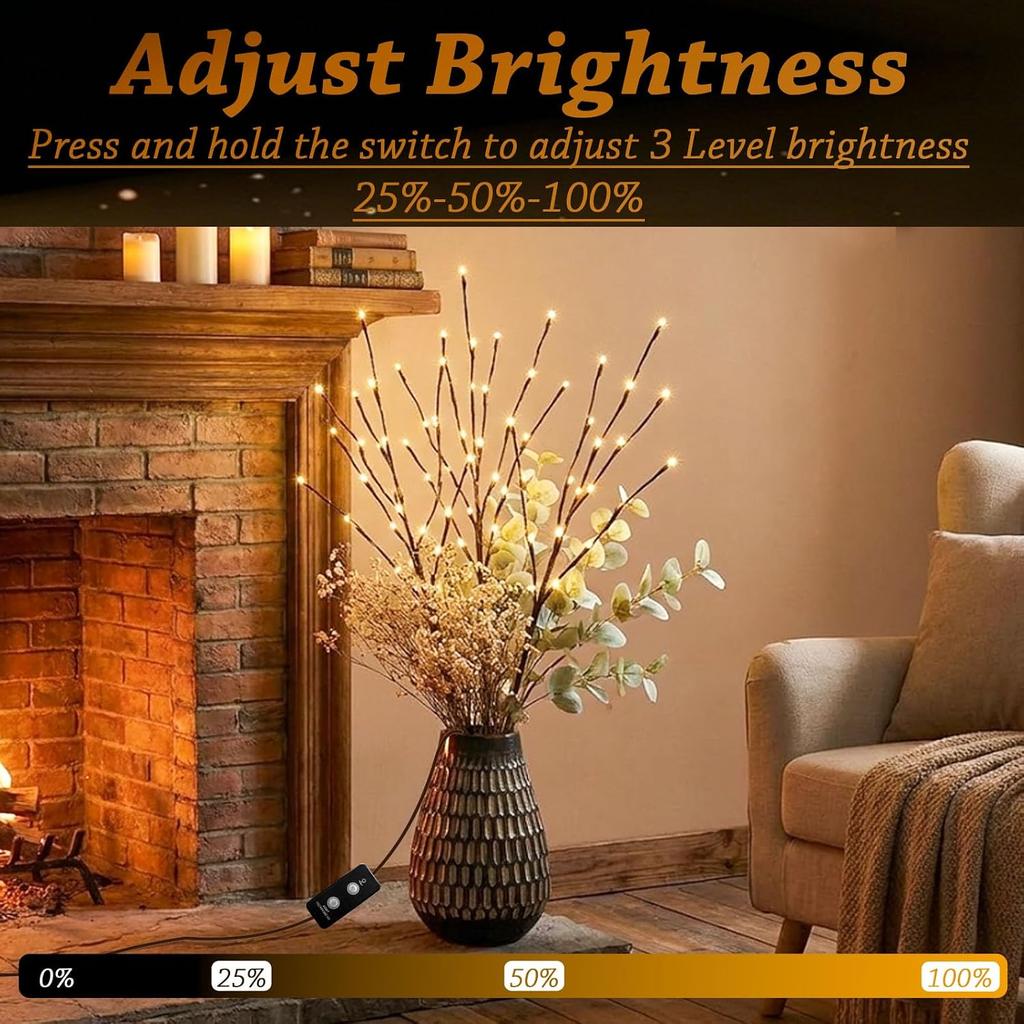 PEIDUO Lighted Brown Branches with Timer, 30Inch 3PK 60 LED Pathway Lights, Willow Branch Lights for Home Decorations Indoor Apartment Outdoor Stake