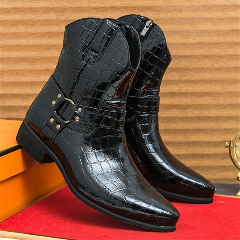 Fashion Men's Alligator Pattern Pointed Business Casual Ankle Boot Fashion Male Winter New Comfortable Chelsea Leather Shoes