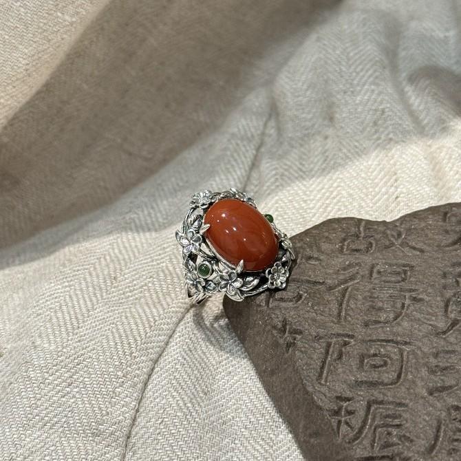 S925Silver-plated Thai silver glossy southern red agate floral cabochon ring for women, new Chinese-style vintage design