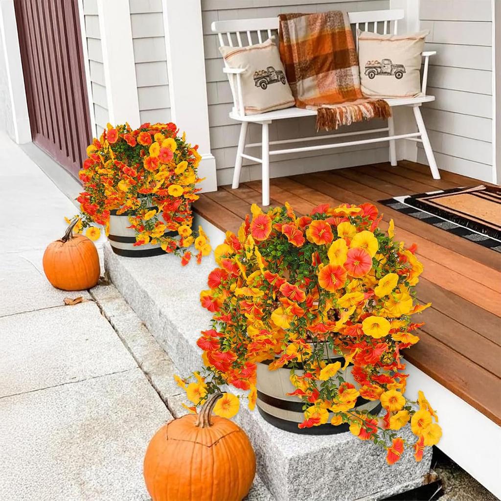 Künstliche Herbstblumen - Orange UV-beständige Seiden-Petunienblüten und Eukalyptusblätter Hängende Simulationspflanzen für Veranda, Terrasse, Blumenbeet