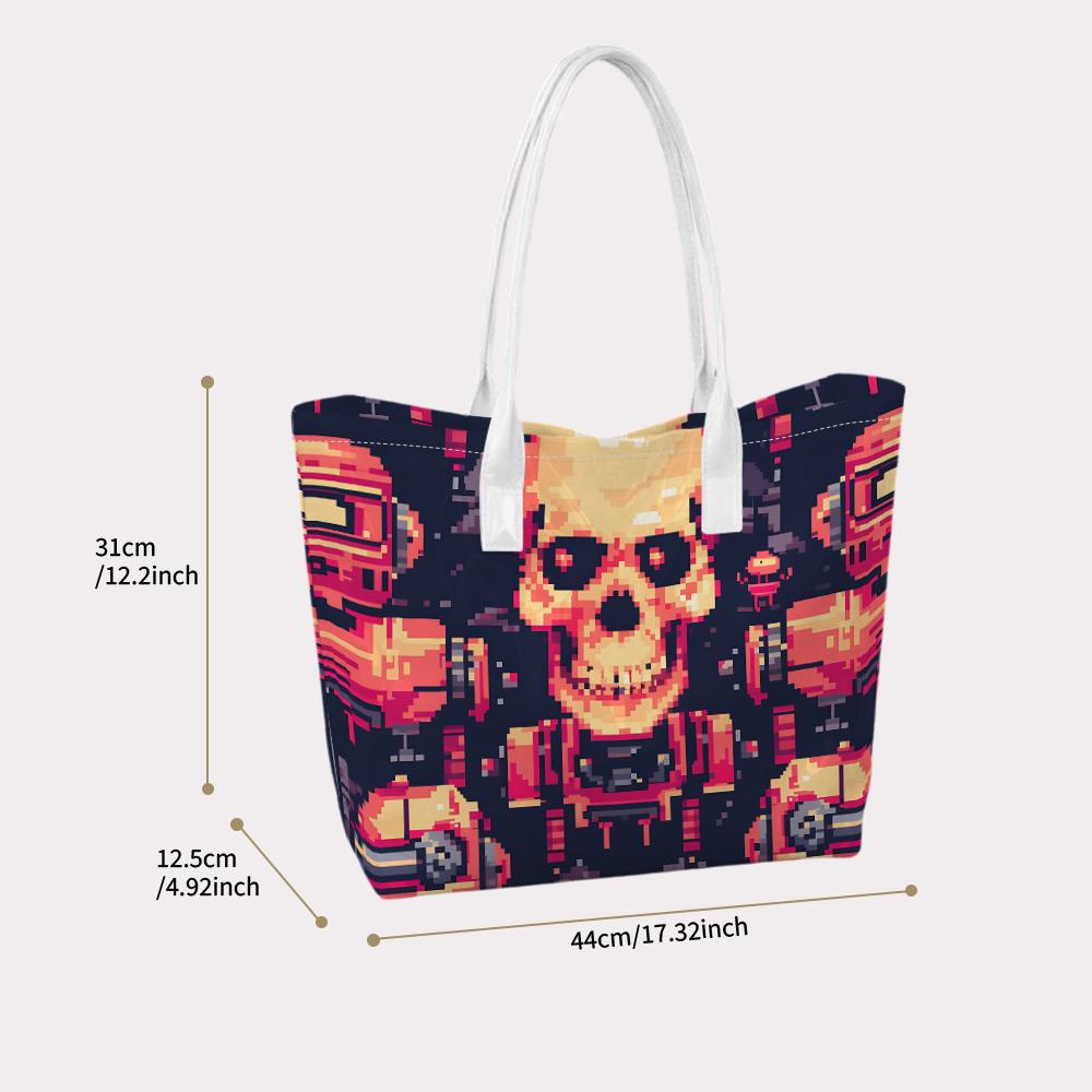 Pixel Skull Pattern Tote Bag Large Capacity Portable Daily Shoulder Purse for Streetwear