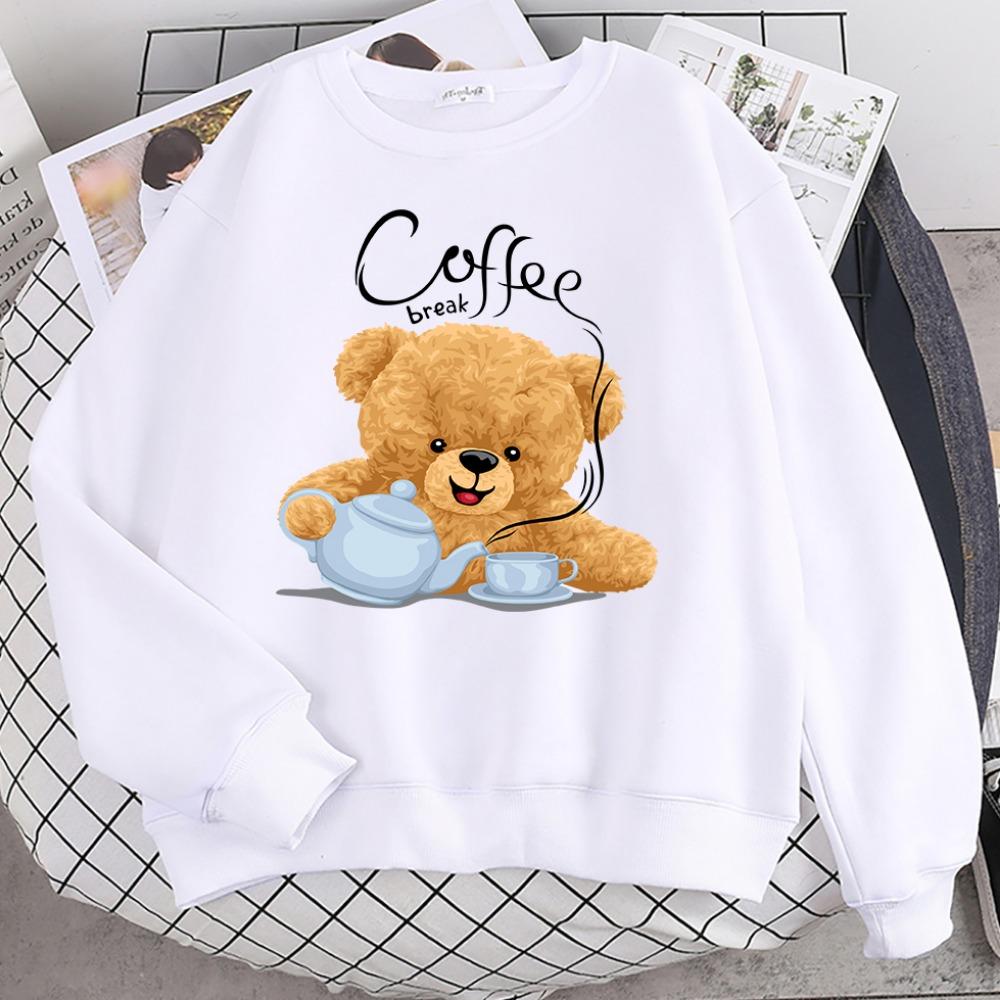 Street Casual Womens Sweatshirt Coffee Break Teddy Bear Making Coffee Print Hoodies Loose Soft Pullovers Crewneck Clothes