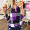 Plus Size Women Casual Loose Long Sleeve Plaid Shirt Spring Autumn V-neck Long-sleeved Top
