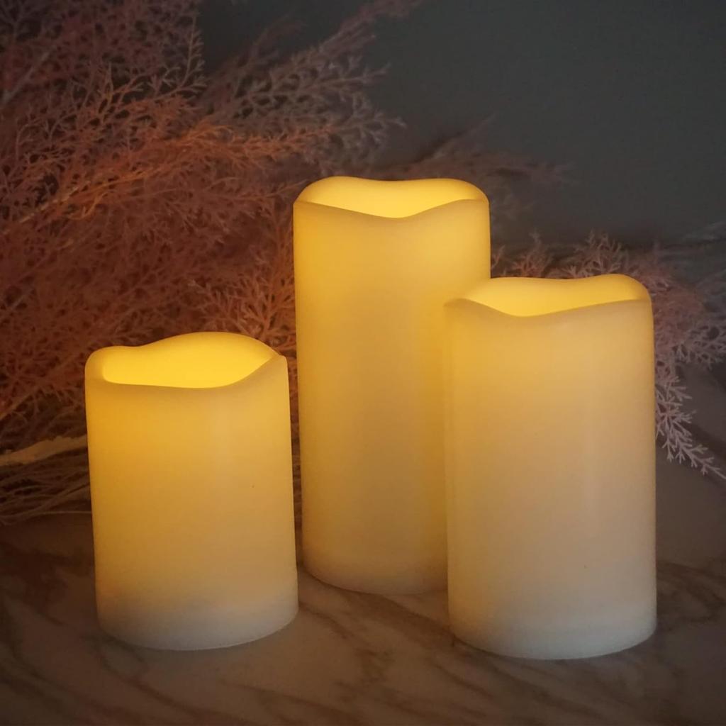 Battery Operated Plastic Flameless LED Pillar Candle with Cycling Timer, Flickering Realistic Electric Light for Indoor Outdoor Bookshelf Wedding