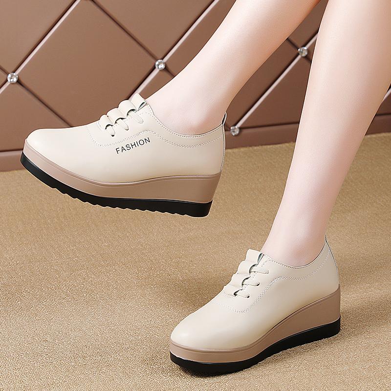 Women Square Toe Thick Soled Shoes with Lace Up Leather Solid Color Crawling Shoes Women Derby Shoes Fashionable Big Size 43