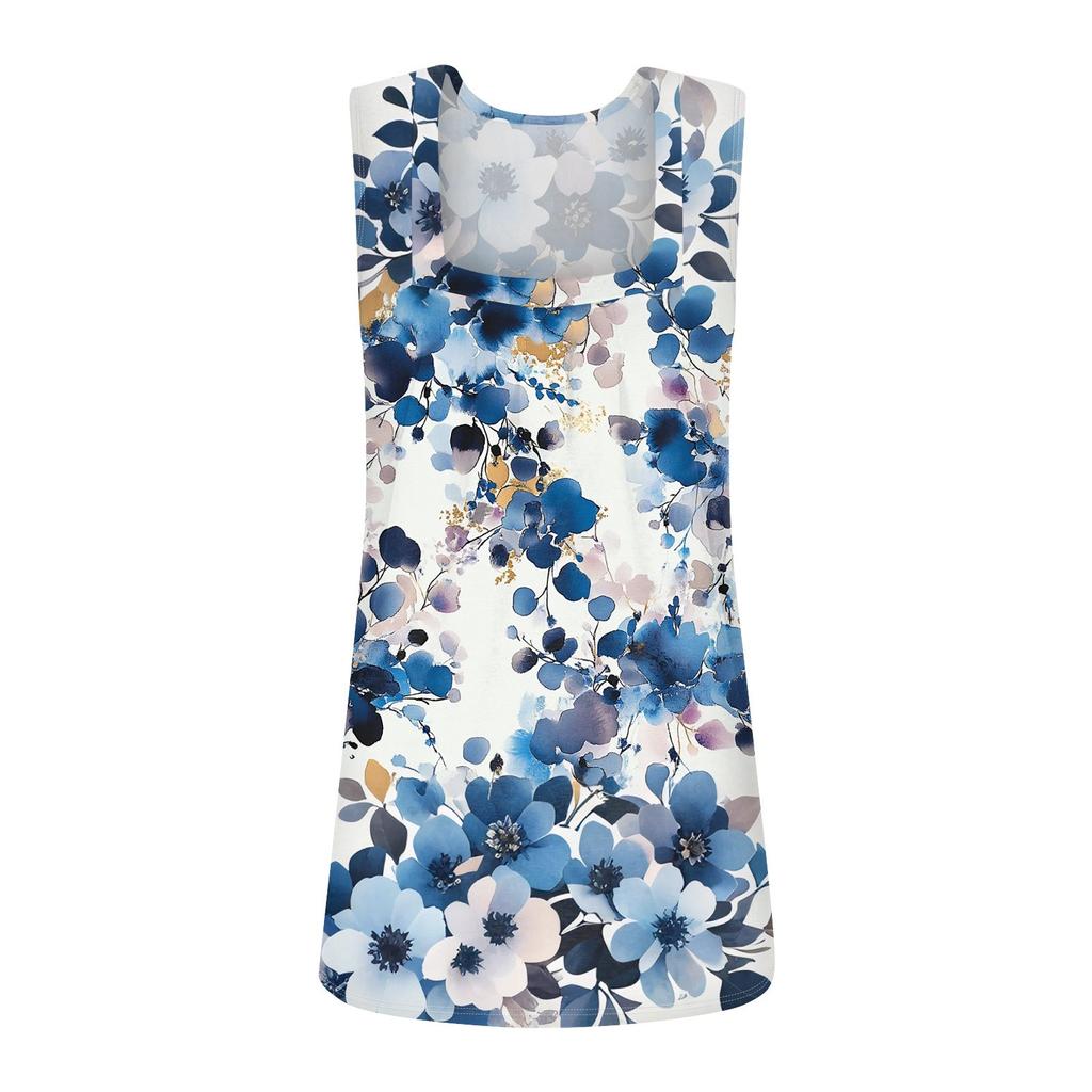 Square Collar Tank Top Women Print Tank Tee Casual Loose Fit Sleeveless Shirt