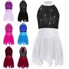 Girls Sleeveless Keyhole Back Shiny Rhinestones Mesh Bodice Irregular Chiffon Hem Dress Figure Skating Costume