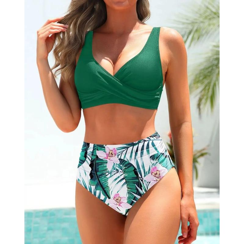Fashionable High-Waist Bikini Swimsuit Separate Colors Printed Cross Design Women's Swimwear Elegant Chic Poolside Outfit