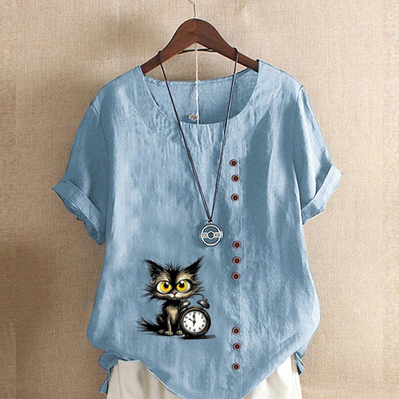 

Женская мода будильник черный кот напечатанный короткий рукав футболка свободная хлопковая рубашка повседневная свободная летняя блузка топы больших размеров XL