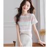 Women's Pastel Rainbow Striped T-Shirt Casual Crew Neck Short-Sleeve Slim Fit Knit Top