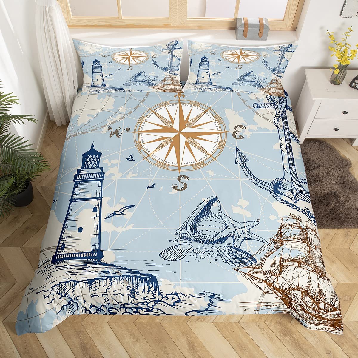 

Nautical Anchor Duvet Cover Set Vintage Sail Boat Lighthouse Bedding Set Conch Starfish Seashell Ocean Wave Comforter Cover King Eu Twin 135x200cm