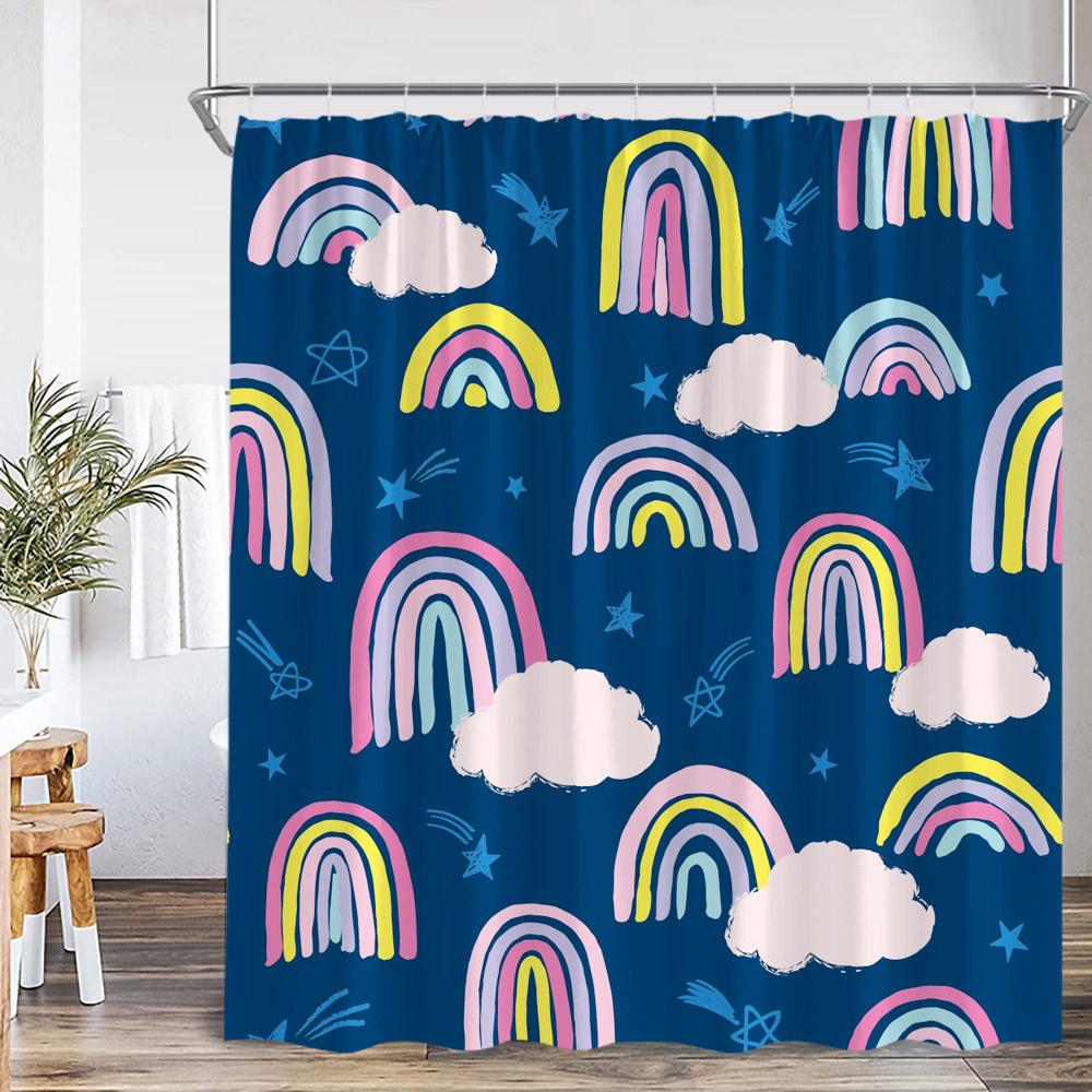 Cartoon Rainbow Kids Bathroom Shower Curtain Hand-Painted Cute Pattern Children Bathtub Decor Children Polyester Bath Curtain