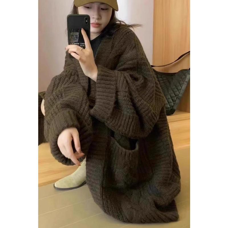 Autumn and Winter Loose Knitted Cardigan Women's Sweater Coat Fashion Elegant Simple Medium and Long Thickened Outer Jackets Casual Pockets Clothing