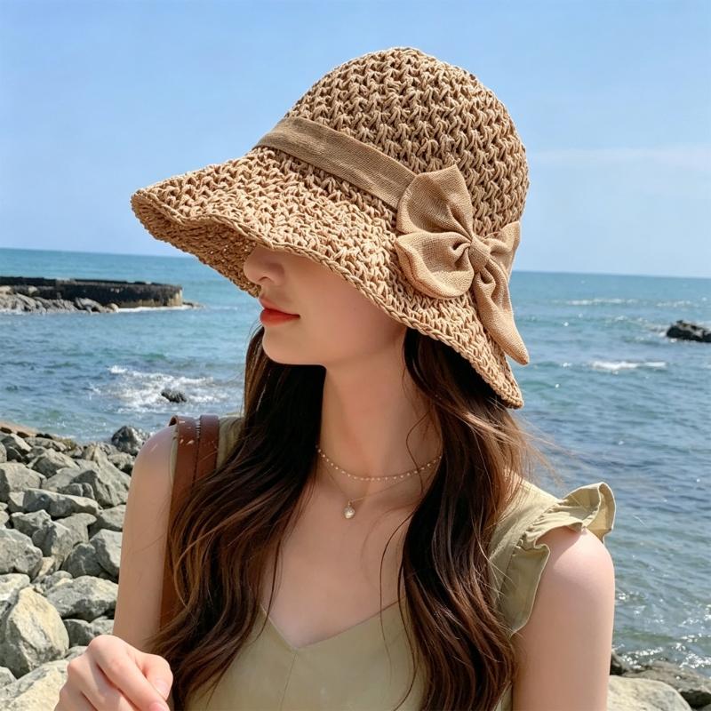 Elegant Bows Straw Hat for Women Breathable Summer Beach Hat Sun Protections Wide Brims Fisherman Cap