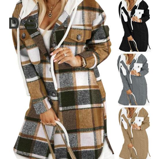 Women Fall Winter Sweater Coat Hooded Drawstring Twisted Pattern Contrast Color Thick Knitted Solid Color Long Sleeve Mid Length Pockets Split Hem