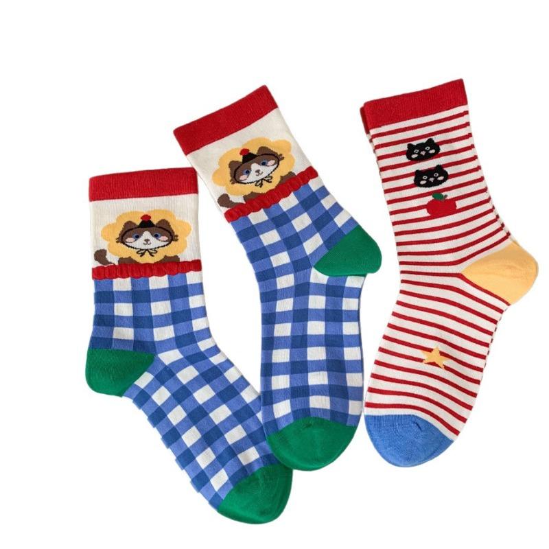 Cute Cat Striped Socks for Women, Mid-calf Socks for Autumn and Winter, Trendy for Women, Dopamine Cartoon Boneless Women's Socks
