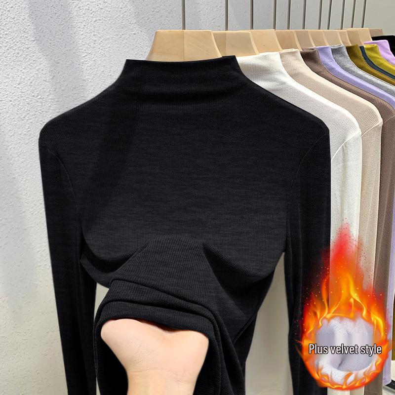 Dames 2026 Ribgebreide Turtleneck Longsleeve Basislaag met Fluwelen Voering