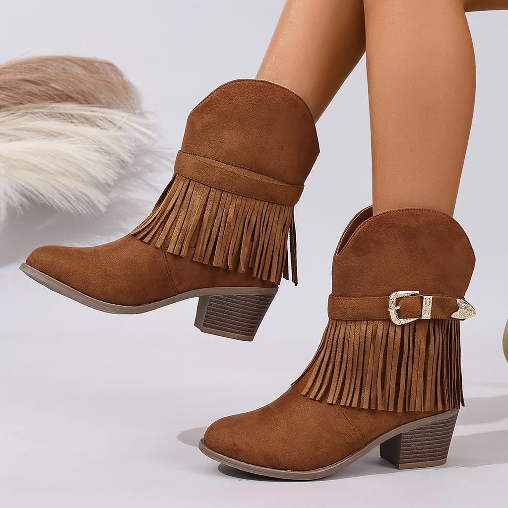 European and American tassel belt buckle western boots, low-heeled suede medium tube women's boots, thick-soled knight boots