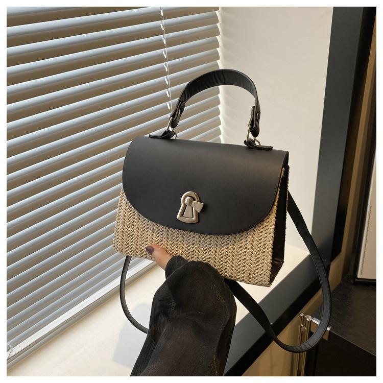 Woven Splicing Fashionable Personalized Lock 2025 Foreign Style Summer New Straw Crossbody Shoulder Portable Small Square Women's Bag